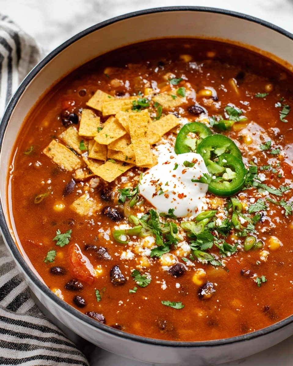 A large white pot filled with thick reddish-orange chili soup shows layers of black beans, corn, and small pieces of tomato mixed in the broth. On top, there is a dollop of white sour cream in the center surrounded by green jalapeño slices, thin yellow corn chip strips, and small sprinkles of chopped green onions and fresh cilantro. White crumbly cheese is sprinkled lightly over the soup along with some red chili flakes. The pot sits on a white marbled surface with a striped cloth partly visible on the side. photo taken with an iphone --ar 4:5 --v 7