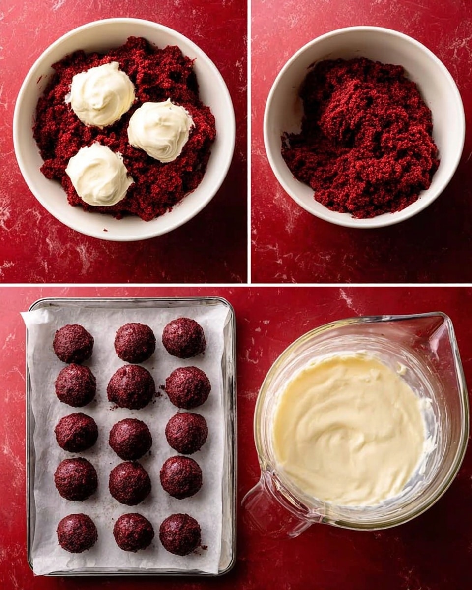 The image shows four sections. The top left section has a white bowl filled with dark red crumbled cake with three dollops of white cream on top. The top right section shows the same white bowl with the dark red crumb mixture fully combined into a smooth, dense texture. The bottom left section features a white baking tray lined with parchment paper holding multiple evenly sized dark red round balls arranged in neat rows. The bottom right section displays a clear glass measuring cup filled with smooth white cream. All items rest on a red surface, changed to a white marbled texture. Photo taken with an iphone --ar 4:5 --v 7