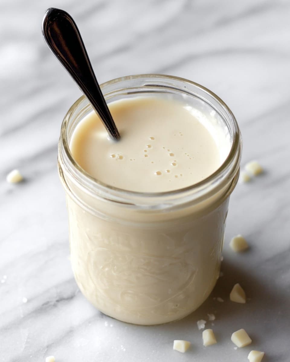 A glass jar filled with smooth, creamy white sauce, with a black spoon resting inside. The jar is set on a white marbled surface, with a few small white chips scattered around it, adding texture and detail to the scene. The sauce fills the jar almost to the top, with a few tiny bubbles visible on the surface. photo taken with an iphone --ar 4:5 --v 7