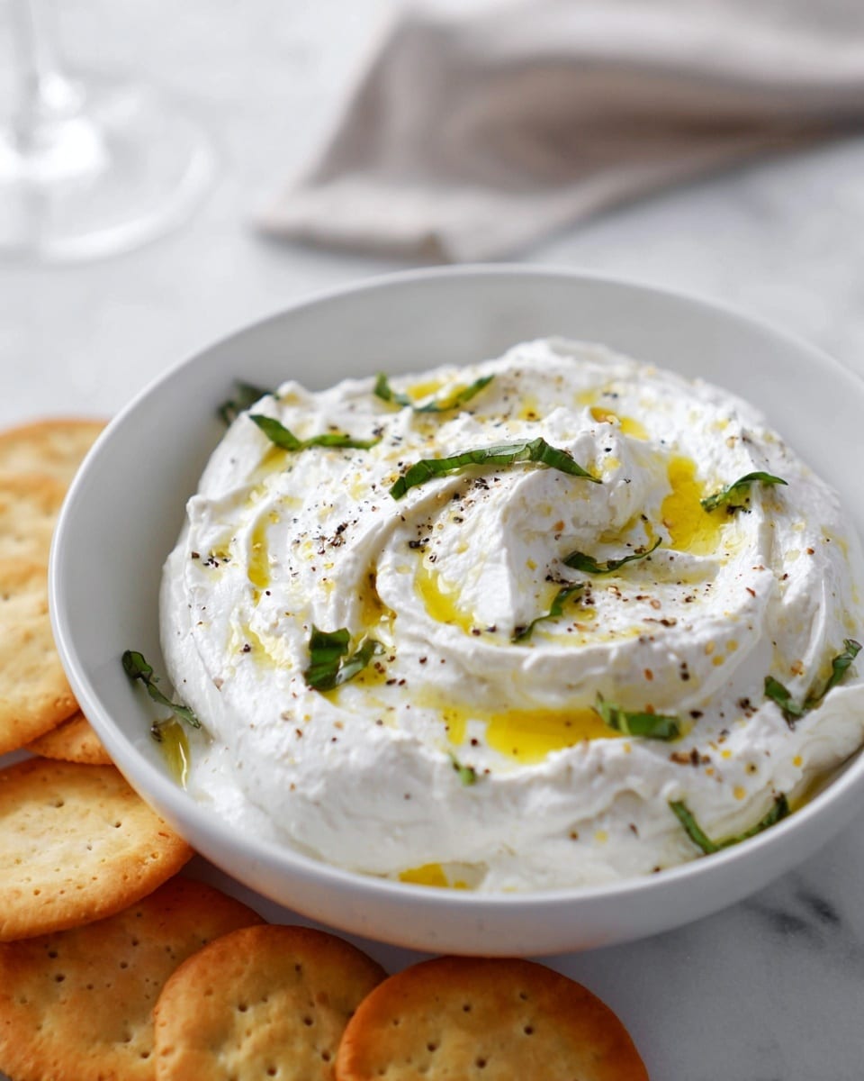 A white bowl filled with thick, whipped creamy dip with soft peaks and swirls. The top is drizzled with golden olive oil, sprinkled with tiny black pepper specks, and small bright green herb leaves. Around the bowl on the white marbled surface, there are light brown round crackers. The background shows a light-colored cloth out of focus. Photo taken with an iphone --ar 4:5 --v 7