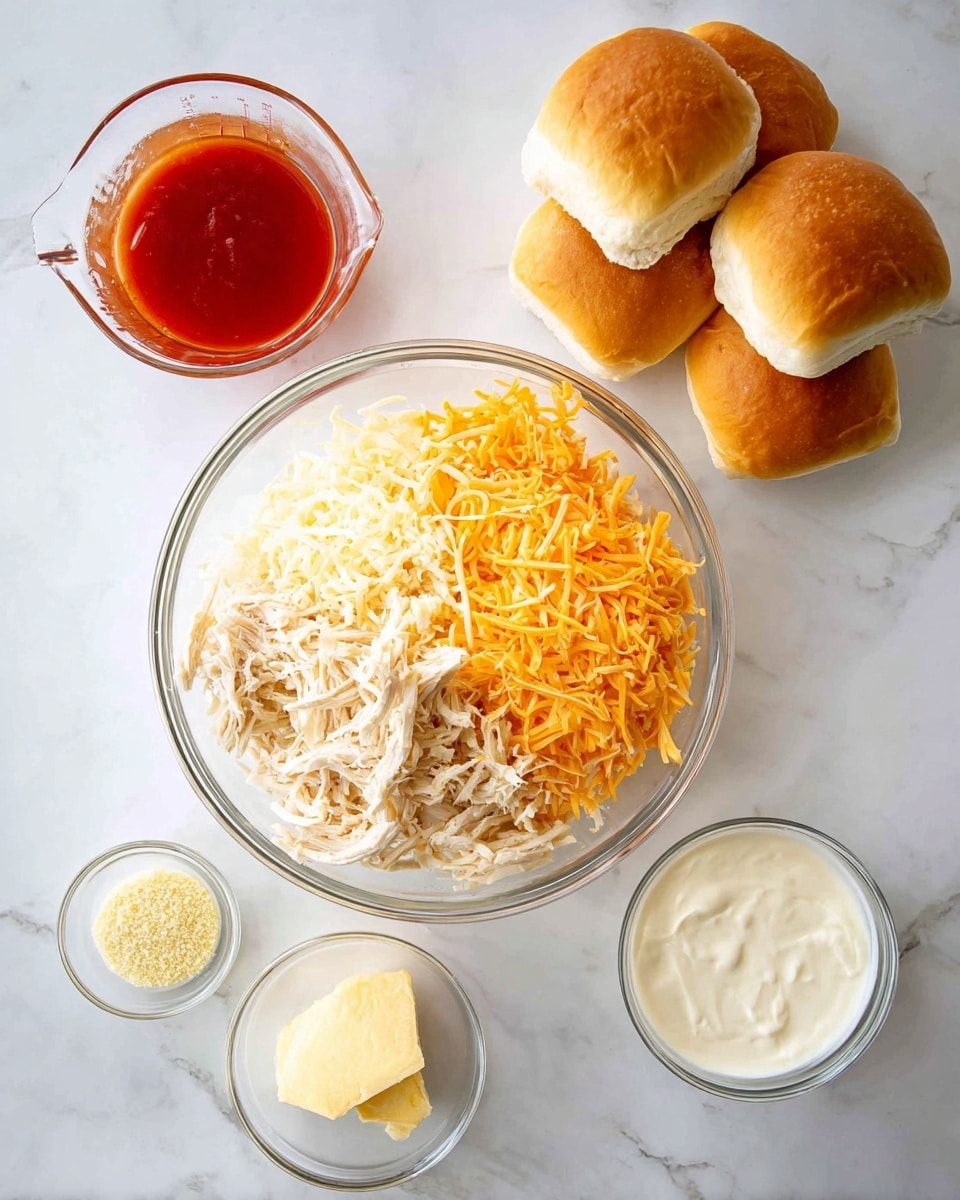 A clear glass bowl is centered, showing three layers of ingredients: shredded pale beige chicken on top, a middle layer of white shredded cheese, and a bottom layer of bright orange shredded cheese. To the upper right, another clear glass bowl holds five soft, golden brown dinner rolls stacked casually. To the upper left, a clear measuring cup contains a smooth, vibrant red sauce. At the bottom left, a small clear bowl has a chunk of light yellow butter on top of a small mound of granulated pale yellow seasoning. To the bottom right, another clear measuring cup holds thick, white creamy dressing. All items are placed on a white marbled surface. Photo taken with an iphone --ar 4:5 --v 7