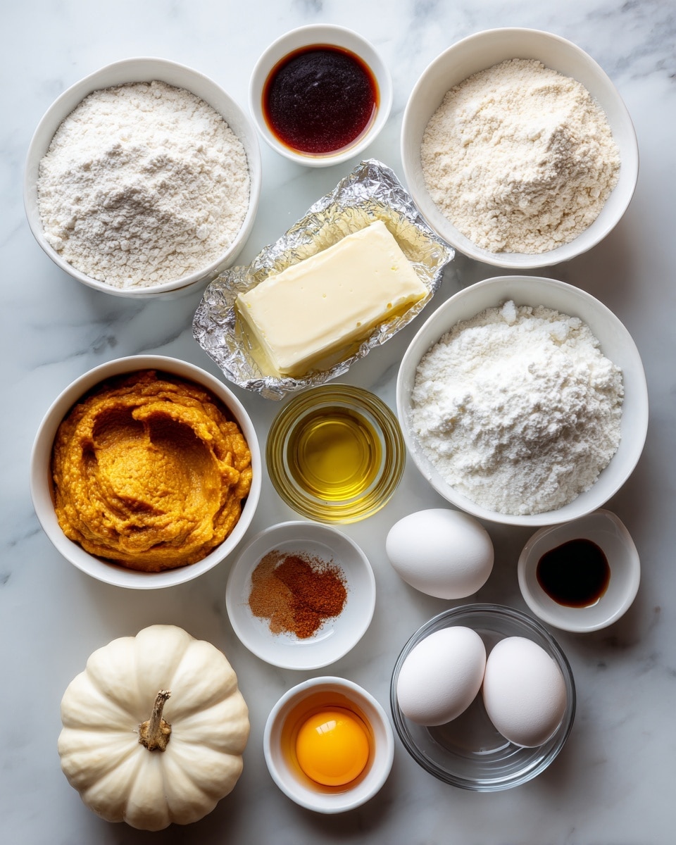 The image shows various baking ingredients neatly arranged on a white marbled surface. There are five white bowls filled with all-purpose flour, pumpkin puree, sugar, brown sugar, and a small amount of sugar. Two white eggs sit near the center, along with a block of cream cheese wrapped in foil. A small clear glass container holds vegetable oil, and tiny bowls contain pumpkin spice, vanilla extract, salt, baking soda, and an egg yolk. A small white pumpkin is placed at the bottom left corner. Each ingredient is clearly labeled, and the overall arrangement is clean and organized. Photo taken with an iphone --ar 4:5 --v 7