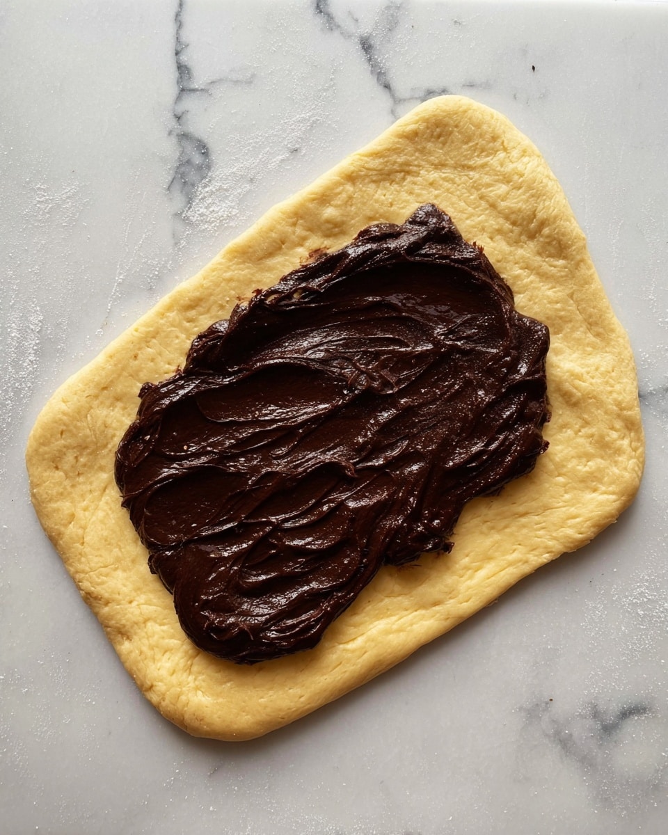 A rectangular piece of pale yellow dough is rolled flat on a white marbled surface. In the center of the dough, there is a thick, shiny dark chocolate spread with a slightly uneven texture. The dough has a smooth but slightly bumpy surface with rounded corners and edges. The chocolate spread sits as a single thick layer on the middle part of the dough, contrasting sharply with the light color of the dough. Photo taken with an iphone --ar 4:5 --v 7
