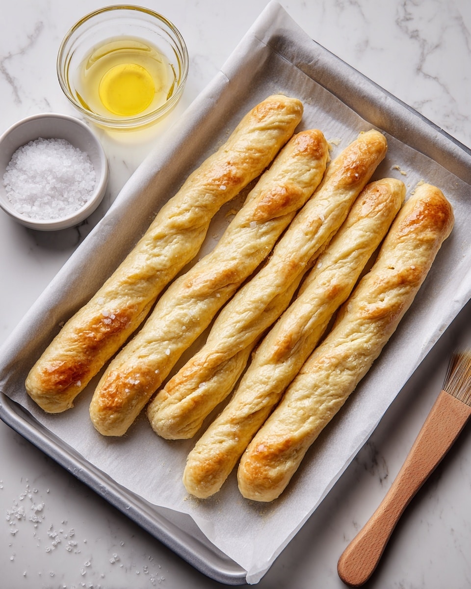 The image shows a baking tray lined with white parchment paper on a white marbled surface. There are six long, pale yellow dough strips placed in a row on the tray. The dough looks soft and slightly shiny, with uneven surfaces showing some small folds and dimples. To the left of the tray, there is a small clear glass bowl of salt and a white bowl filled with melted butter, with a wooden pastry brush resting on its edge. The scene suggests preparation before baking. photo taken with an iphone --ar 4:5 --v 7