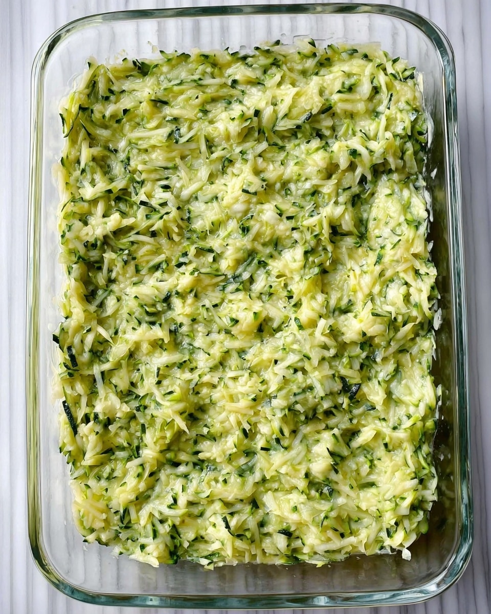 The image shows a clear glass rectangular baking dish filled with one even layer of a green and white mixture made mainly of shredded zucchini and cheese. The texture looks rough and moist, with green flecks spread throughout the creamy white base. The dish is placed on a white marbled surface that adds a clean and bright background to the photo taken with an iphone --ar 4:5 --v 7
