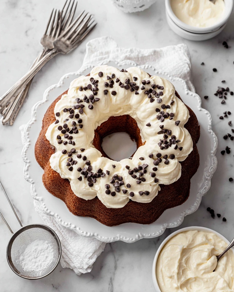 A round bundt cake on a white scalloped-edged plate, topped with a thick layer of smooth white cream piped in soft, rounded waves around the top edge, sprinkled evenly with small dark chocolate chips, all set on white parchment paper. Around the plate, there are two silver forks on a white cloth, a small silver bowl with white powdered sugar and a fine sieve resting inside it, and a small white bowl filled with more white cream with a spoon. The scene is set on a white marbled surface. Photo taken with an iphone --ar 4:5 --v 7