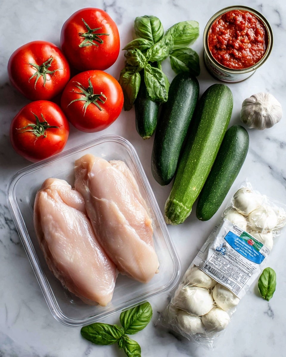 The image shows fresh ingredients arranged on a white marbled surface. In the upper left corner, there are several bright red tomatoes with green stems. Below the tomatoes, two pale pink raw chicken breasts lay inside a clear rectangular container. To the right of the chicken, five dark green zucchinis line up closely. Above the zucchinis, there is a small bunch of fresh green basil leaves next to an opened can of tomato paste with a silver lid. Further right, a white package of fresh mozzarella cheese with blue labeling sits on the surface. Scattered around the basil, there are small fresh garlic cloves and some loose green herb leaves. Photo taken with an iphone --ar 4:5 --v 7