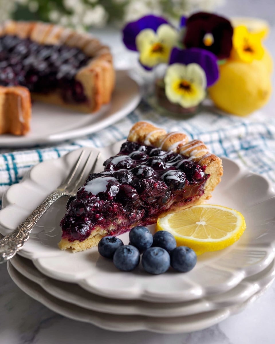 A slice of berry tart is placed on top of two white plates with a wavy edge. The tart has two visible layers: a golden brown crust on top with a soft texture, and a thick, juicy layer of dark purple berries underneath, slightly shiny. The tart is decorated with a drizzle of light glaze on top. On the right side of the plates, there is a small stack of fresh blueberries and two thin lemon slices with a bright yellow color. Next to the plates is a silver fork with a detailed handle. In the blurred background, more lemon slices, blueberries, and colorful edible flowers with deep purple, white and yellow petals rest on a white towel with a blue checked pattern. The entire setting is on a white marbled surface. Photo taken with an iphone --ar 4:5 --v 7