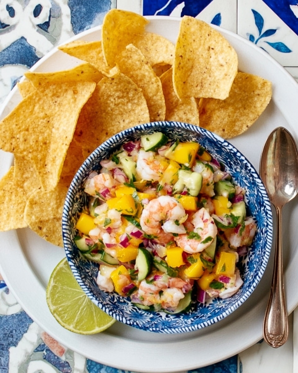 A white plate with a blue patterned bowl in the center filled with a colorful mix of diced shrimp, yellow mango chunks, green cucumber pieces, and small bits of red onion. Around the bowl, there are several large, light yellow tortilla chips stacked and spread on the plate. A wedge of lime rests near the bowl on the plate. A silver spoon is placed to the right side of the plate. All of this is set on a white marbled surface with blue and white tiled patterns partially visible around the edges. Photo taken with an iphone --ar 4:5 --v 7