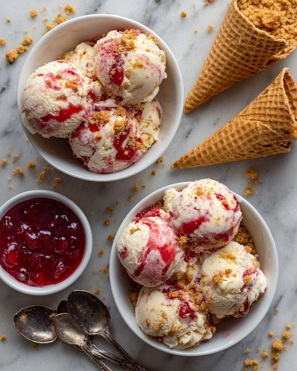 The image shows two white bowls each holding three scoops of creamy ice cream with swirls of red fruit sauce and light brown crumbs sprinkled on top. Above the bowls, there are two smaller white bowls, one filled with red fruit sauce and the other with crushed light brown crumbs. To the right side, there are two empty waffle cones stacked together on the white marbled surface. Two antique-style silver spoons with detailed handles lie next to the bowls on the white marbled background. photo taken with an iphone --ar 4:5 --v 7