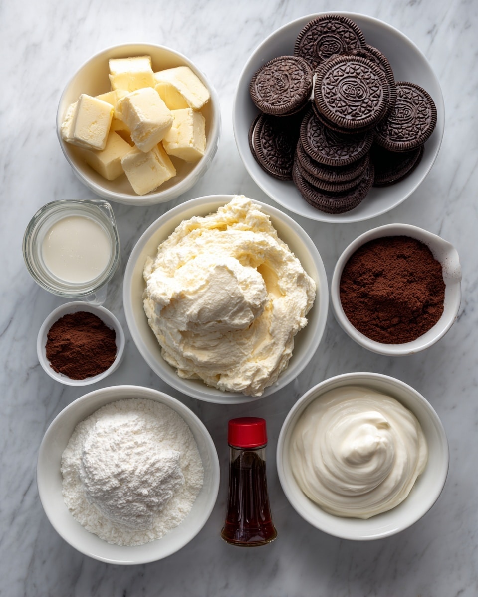 The image shows a white marbled surface with nine white bowls and containers arranged neatly, each holding different ingredients for a recipe. At the top right is a white bowl filled with whole Oreo cookies, dark brown and stacked. To the left is a small white bowl with light yellow butter chunks. Below it, there is a glass measuring cup filled with heavy cream, white and smooth. To the right of the heavy cream is a small white bowl with dark brown cocoa powder. In the center left, a larger white bowl holds white cream cheese with a thick and soft texture. Below this, a white bowl contains white powdered sugar with a fine, powdery look. To the right of the powdered sugar is a small white bowl with creamy sour cream, white and smooth. Nearby, a vanilla extract bottle is upright with a dark brown liquid inside and brown label. Next to the vanilla, a small white bottle of red food dye stands out with a red top. All dishes and items are placed on the white marbled surface in a balanced way. photo taken with an iphone --ar 4:5 --v 7