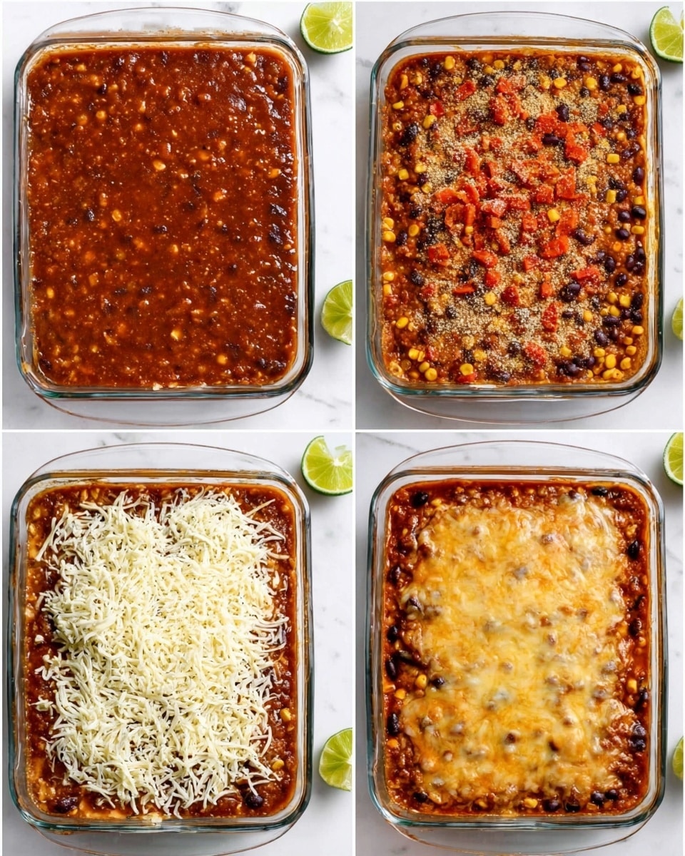 The image shows four stages of a layered dish in a clear rectangular glass baking dish, placed on a white marbled surface. In the first frame, the dish contains a single layer of thick, reddish-brown sauce mixed with black beans and corn, with a slightly chunky texture. In the second frame, the same sauce layer is shown but with the addition of finely diced red pieces and some seasoning sprinkled on top, giving a more varied color and texture. The third frame shows the sauce base now covered with a thick layer of shredded cheese in white and light yellow shades, evenly spread across the dish. Finally, the fourth frame displays the dish after baking, with the cheese melted and browned in patches, creating a golden, bubbly surface atop the mixed sauce layer. Around the dish, there are cut lime halves on the white marbled surface. Photo taken with an iphone --ar 4:5 --v 7