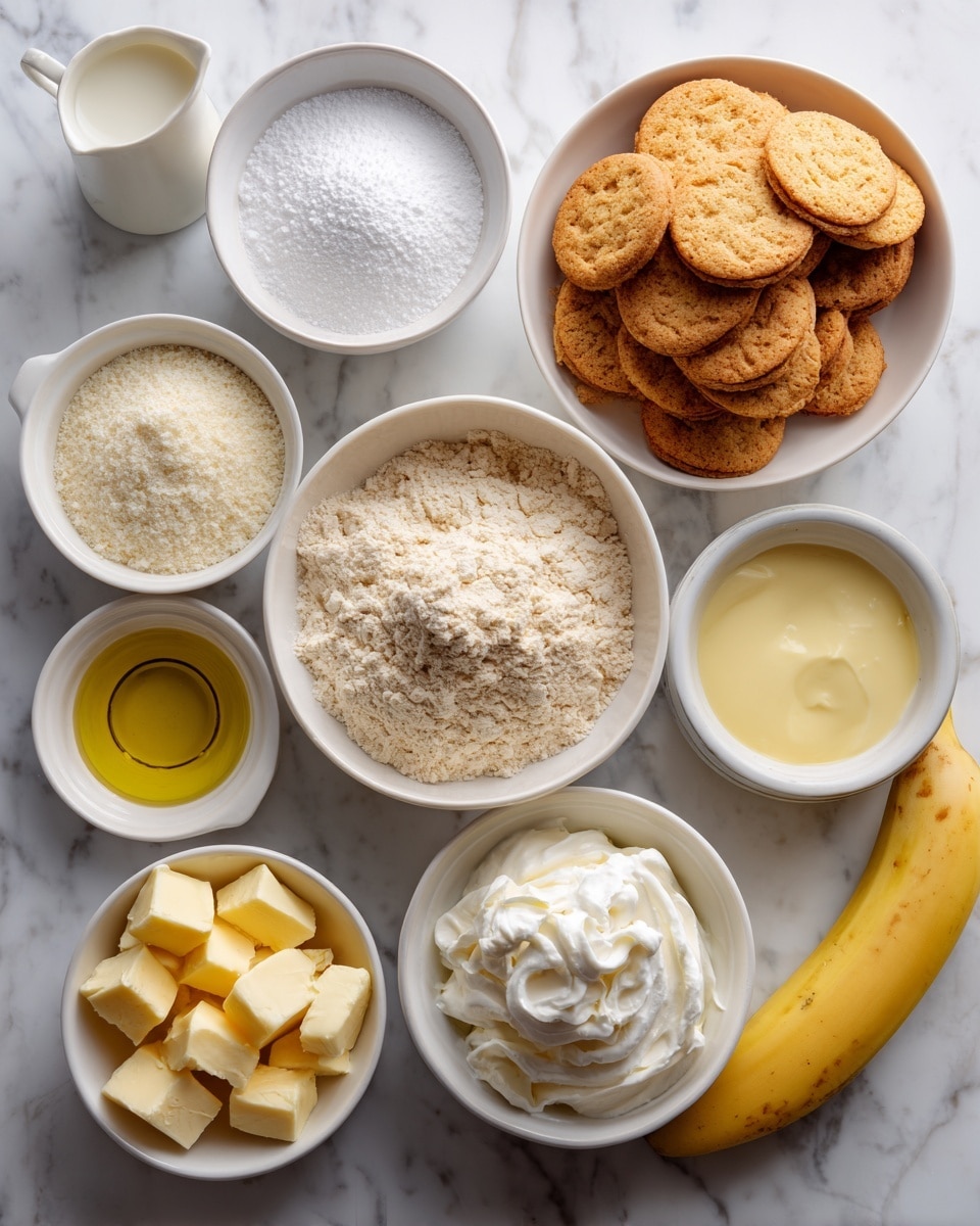 A white marbled surface displays various baking ingredients neatly arranged in white bowls and small white dishes. Starting from the top, a small white bowl holds powdered sugar, next to a tiny white container filled with milk. To the right, a white bowl is full of round Nilla wafer cookies, stacked loosely. Below, a larger white bowl contains a mix of flour, salt, and baking powder, showing a slightly coarse texture. To the left, a medium white bowl has granulated sugar, and beside it a small white dish holds golden-yellow oil. Next to the oil, a bowl contains cubed butter pieces. Below the butter, a small white bowl with a light yellow liquid labeled egg and vanilla butter emulsion is placed. In the center bottom, a bowl with fluffy white whipped topping sits beside a small white bowl of vanilla pudding mix. Lastly, a yellow banana lies on the white marbled surface to the right side. photo taken with an iphone --ar 4:5 --v 7