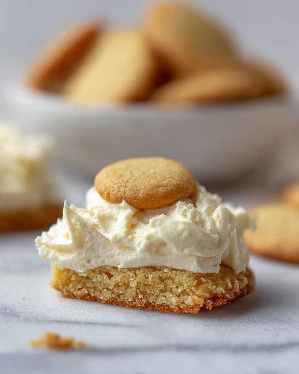 A close-up view of a small dessert with two layers on a white marbled surface; the bottom layer is a soft, light golden cookie with a crumbly texture, and the top layer is a thick, white creamy frosting with a slightly uneven, fluffy texture. A single round, golden cookie is placed standing upright in the center of the frosting layer. In the blurred background, there is a white bowl filled with similar round golden cookies. Photo taken with an iphone --ar 4:5 --v 7