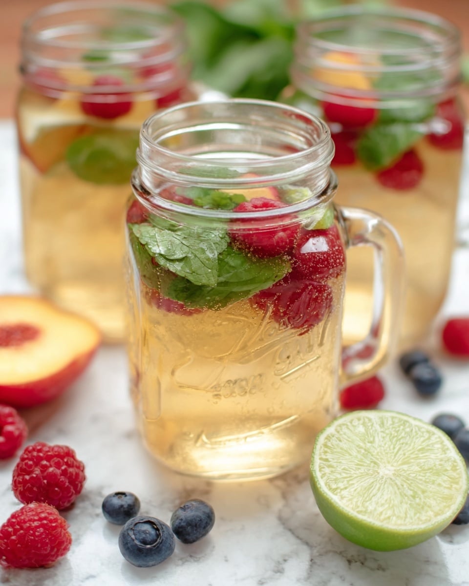 The image shows several clear glass mason jars filled with a light golden drink. Each jar has a handle and contains fresh red raspberries and green mint leaves floating near the top. In the foreground, there is a slice of lime with light green flesh, a thin slice of peach with orange-yellow skin, and some scattered fresh raspberries and blueberries on a white marbled surface. The jars are arranged close together, and the scene has a fresh, clean feel with the fruits and mint adding bright colors. Photo taken with an iphone --ar 4:5 --v 7