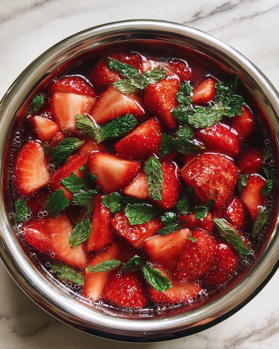 A shiny silver bowl filled with a red mixture of sliced strawberries and green mint leaves floating in a liquid with small bubbles on the surface. The strawberries show different shades of red and pink with visible seeds, while the mint leaves add a bright green contrast. The bowl sits on a white marbled surface. A round maroon label with the number 2 in white is in the upper right corner. Photo taken with an iphone --ar 4:5 --v 7