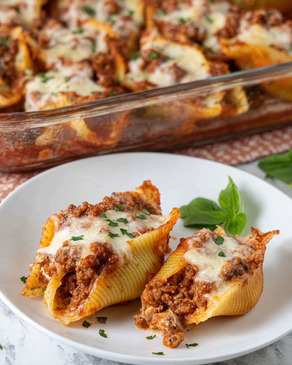 A close-up of a large baked pasta shell being lifted with a metal spatula, showing layers of pasta shell filled with a red, chunky meat sauce and melted, stringy white cheese on top. The pasta looks soft and yellow, with browned edges. Below the shell, the casserole dish is filled with more baked pasta shells covered with melted cheese and meat sauce, bubbling and golden brown on top. The dish is placed on a white marbled surface. photo taken with an iphone --ar 4:5 --v 7