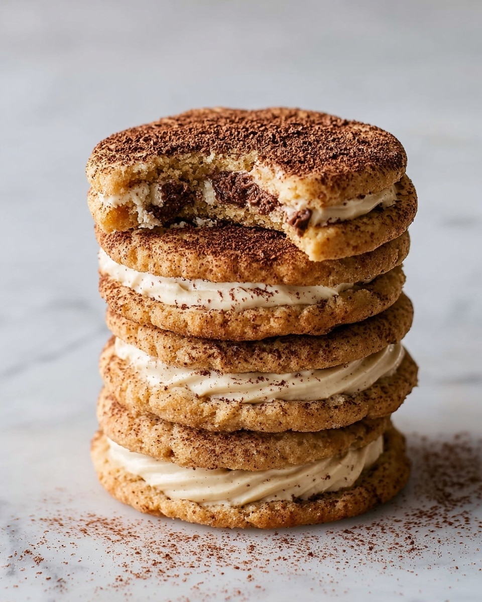 A tall stack of five round cookies sits on a light surface with a white marbled texture in the background. Each cookie is golden-brown with a rough, crumbly texture. Between every cookie layer is a thick, smooth cream layer of light beige, almost tan color, dusted with dark brown cocoa powder on top. The top cookie layer has a bite taken out, showing the soft, dense inside and cream layering. The cream on the top is swirled and sprinkled with more cocoa powder, making it look slightly textured. Photo taken with an iphone --ar 4:5 --v 7