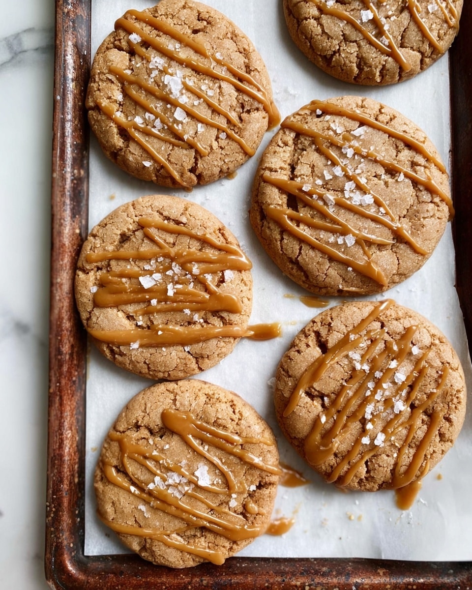 Five round cookies with light brown cracked tops are laid out on white parchment paper on a baking tray, each cookie drizzled with smooth, golden caramel lines that have a shiny texture, and topped with small flakes of white sea salt. The tray edges are dark brown and worn, contrasting with the clean white marbled surface below. Photo taken with an iphone --ar 4:5 --v 7