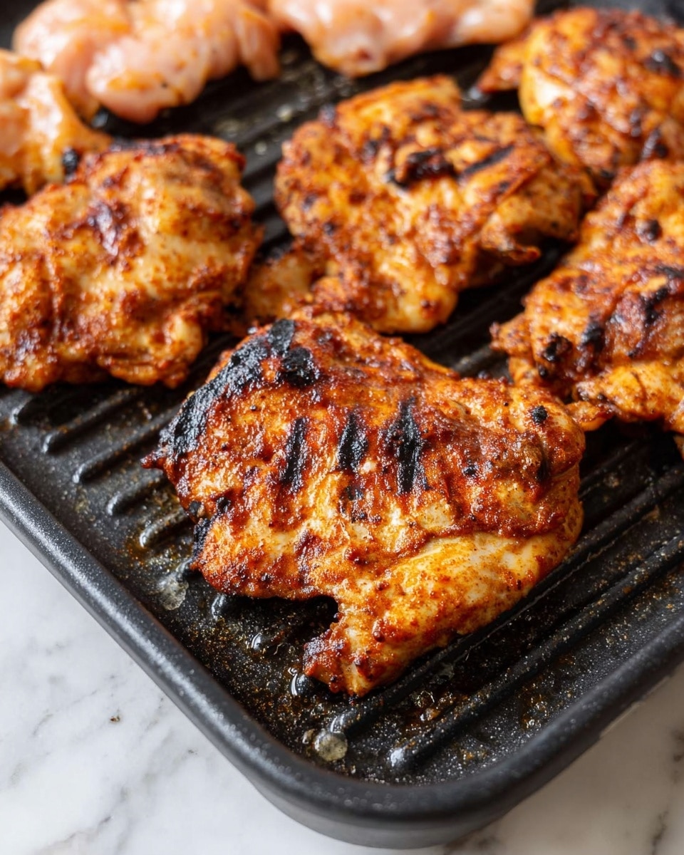 The image shows several pieces of grilled chicken thighs cooking on a black grill pan with ridged lines. The chicken has a rich, golden-brown color with some dark brown char marks, especially noticeable on the larger piece in the front. The texture looks crispy on the outside with visible grill marks and some oily shine. There are a few uncooked chicken pieces in the background, which are pale pink and moist. The pan surface shows some oil droplets and bits of seasoning. The scene is set on a white marbled countertop. photo taken with an iphone --ar 4:5 --v 7