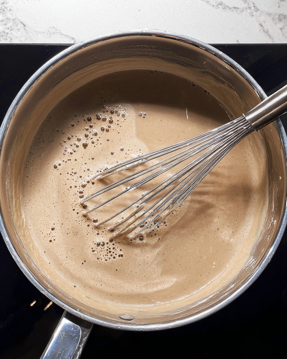 A silver pot filled with a light brown, smooth, and bubbly liquid being stirred by a metal whisk. The liquid appears creamy and is gently swirling around the whisk, creating a soft texture with small bubbles near the edges. The pot sits on a black stovetop with a white marbled textured surface around it. The lighting reflects off the shiny liquid, giving it a warm and fresh look. photo taken with an iphone --ar 4:5 --v 7