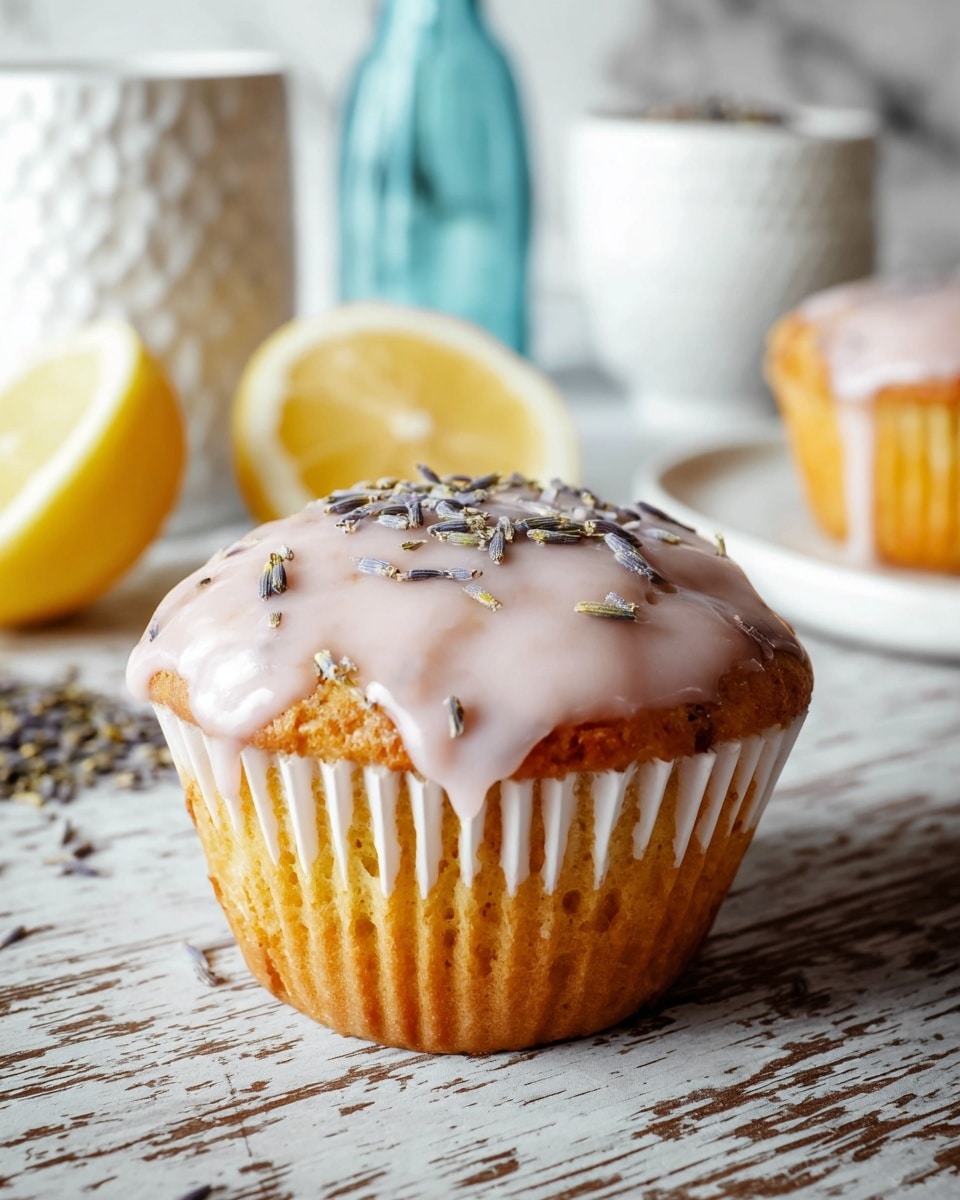 A single muffin sits in a white liner on a white marbled surface, topped with a smooth, light pink glaze that drips slightly over the edges. Small dried lavender buds are scattered evenly over the glaze, adding a touch of texture and color contrast. In the background, there is a white bowl filled with dried lavender and two lemon halves, blurred softly to keep the muffin as the main focus. Photo taken with an iphone --ar 4:5 --v 7