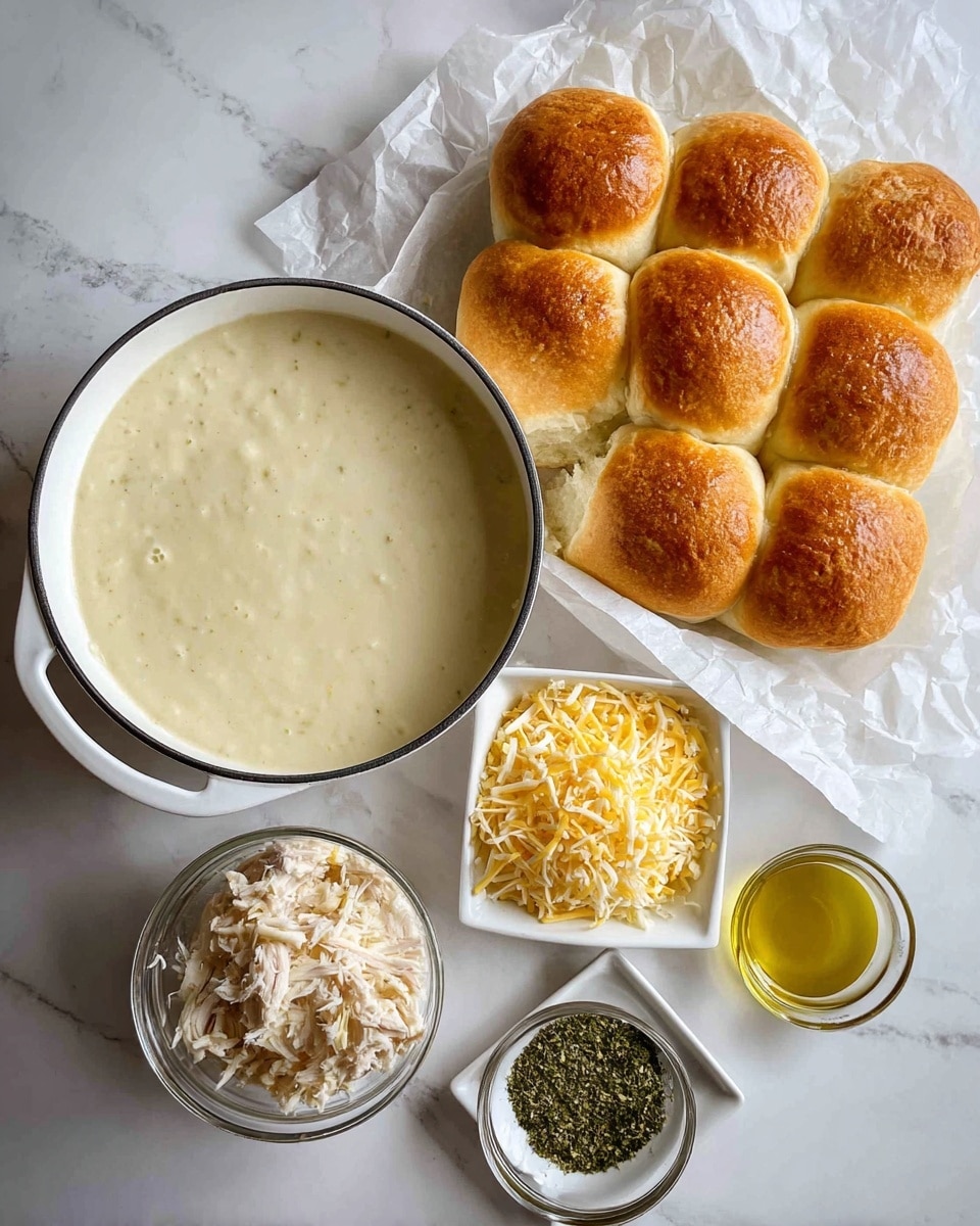 The image shows a top view of ingredients arranged on a white marbled surface. On the left side, there is a white pan filled with creamy light beige Alfredo sauce. Next to it, on the right, there is a pack of golden brown Hawaiian rolls resting on white parchment paper. Below the pan, there is a small white bowl with light yellow shredded Parmesan cheese. To the bottom left, a glass measuring cup holds pale shredded chicken. Near the center, a clear small bowl contains golden olive oil. At the bottom right, a small white square dish has green dried parsley. The setup is neat and bright with soft natural light, photo taken with an iphone --ar 4:5 --v 7