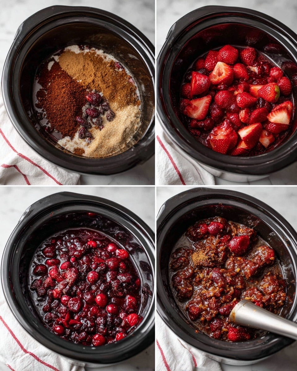 A slow cooker with a single dark round layer of whole red cranberries and halved red strawberries scattered on the bottom. On top, there are patches of light brown sugar and small piles of cinnamon, nutmeg, and other spices seen as fine brown powders. The second step shows the same slow cooker with the fruits now mixed and covered unevenly by the spices and brown sugar, giving a rough texture with red and brown colors blending. In the third image, the slow cooker contains cooked cranberries and strawberries that have softened, partially broken down in dark purple juice, with some chunks of softened fruit and clumps of spices floating on the surface. In the last frame, the mixture has turned into a smooth and thick dark purple sauce, being mixed with a silver immersion blender visible in the lower right corner. The background is white marbled surface with a white cloth having red writing beside the slow cooker. Photo taken with an iphone --ar 4:5 --v 7
