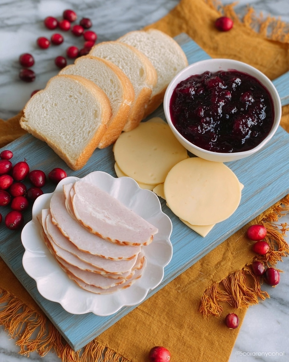 The image shows a light blue wooden board on a white marbled surface with a golden yellow fringed cloth underneath. On the board, there are six slices of white bread stacked in a row at the top, three round slices of pale yellow cheese stacked below them on the right, and thin slices of light pink deli meat on a white scalloped plate on the left. To the upper right of the board, there is a white bowl filled with dark red and black berry sauce with some whole berries visible. Scattered bright red fresh cranberries are placed around the board and bowl, enhancing the composition. Photo taken with an iphone --ar 4:5 --v 7