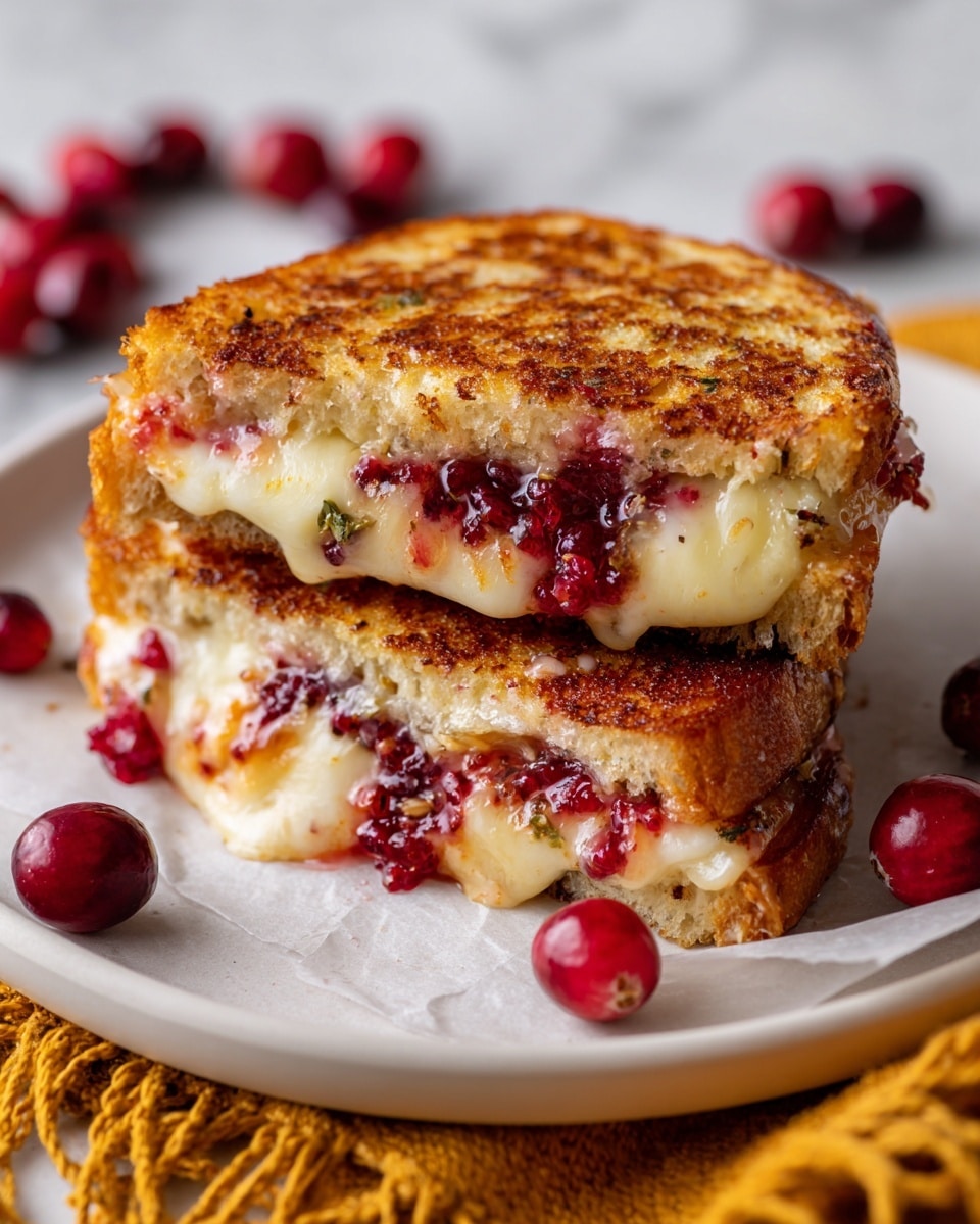A toasted sandwich with two layers of golden brown bread, showing light crisp texture on the outside. Between the bread layers, there are thick layers of melted creamy cheese mixed with bright red cranberry sauce that oozes out from between the slices. The sandwich sits on a piece of parchment paper placed on a white plate with a white marbled texture underneath. Around the plate, there are whole fresh cranberries scattered and a fringed mustard yellow cloth partly visible at the bottom right corner. Photo taken with an iphone --ar 4:5 --v 7