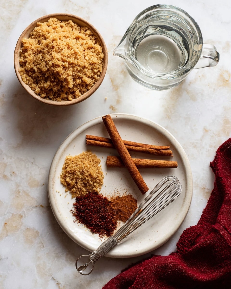 There is a top view of a white marbled surface with a round bowl filled with light brown crumbly sugar on the left, a small glass pitcher with water below it, and a white plate on the right. On the plate, there are two cinnamon sticks laying parallel, with three small piles of ground spices beside them in shades of dark brown, reddish brown, and light brown. A small metal whisk rests on the edge of the plate near the spices. A dark red cloth is partially visible on the bottom right corner. photo taken with an iphone --ar 4:5 --v 7
