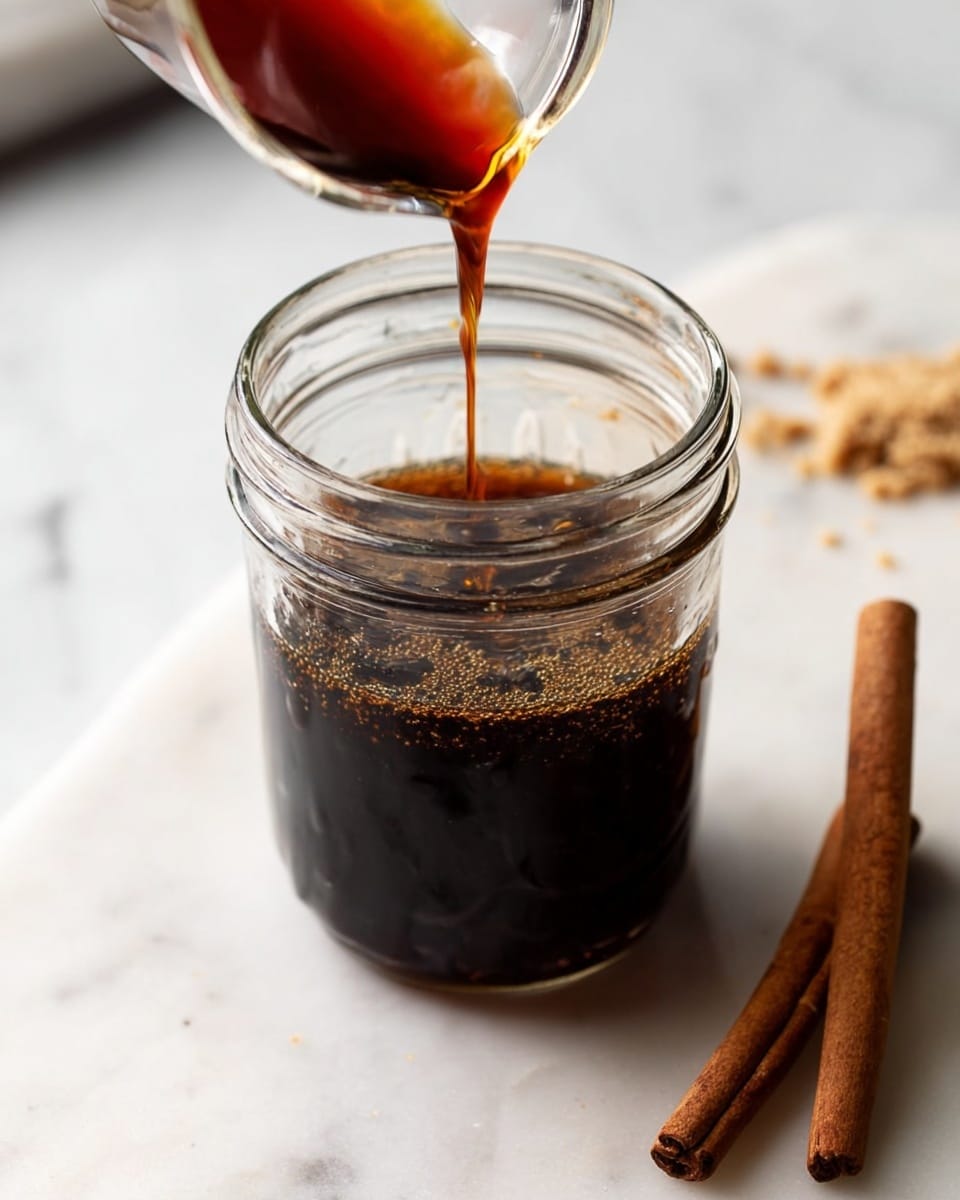 A clear glass jar sits on a white marbled surface with a dark brown liquid being poured into it from above, creating small bubbles on the surface of the liquid inside. To the right, two cinnamon sticks lay on the marbled surface, slightly blurred, while some small beige crumbs are scattered nearby. The background is softly out of focus, emphasizing the jar and the flowing liquid. photo taken with an iphone --ar 4:5 --v 7