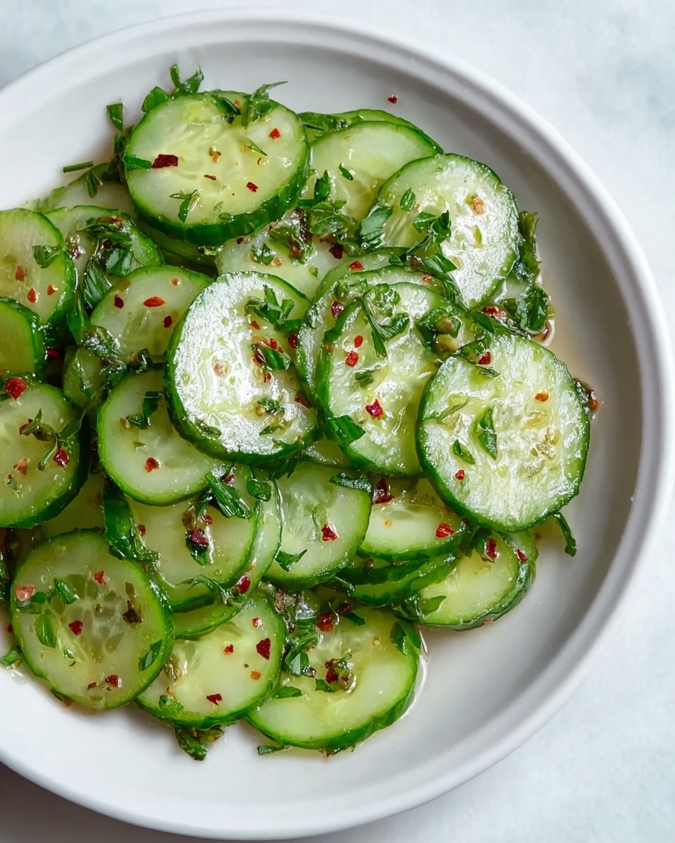 A white plate holds a fresh cucumber salad made of thin, round cucumber slices arranged in slightly overlapping layers, each slice light green with a darker green peel. Scattered across the cucumbers are small green herb pieces and tiny red spice flakes that add color contrast. The salad has a glossy shine from a light dressing, and the white marbled background adds a clean, fresh feel. Photo taken with an iphone --ar 4:5 --v 7