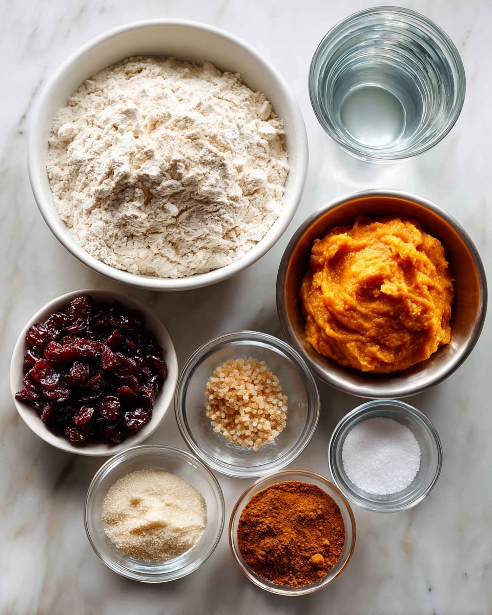 The image shows eight small bowls of ingredients arranged on a white marbled surface. Starting from the top left, there is a large white bowl full of pale, loose bread flour. Next to it on the right is a tall clear glass with transparent water inside. Below the flour is a small clear bowl with brown sugar that looks soft and grainy. To its right is a metallic bowl filled with smooth, bright orange pumpkin puree. Below the brown sugar bowl is a small white bowl with dark red dried cranberries that look wrinkled and chewy. To the right of the cranberries is a small clear bowl with coarse white salt. Below the cranberries is a metallic bowl with pale, bubbly sourdough starter. At the bottom right is a small clear bowl filled with rich, brown pumpkin pie spice powder. Each ingredient is clearly labeled with black text. The image is clean, bright, and simple. photo taken with an iphone --ar 4:5 --v 7