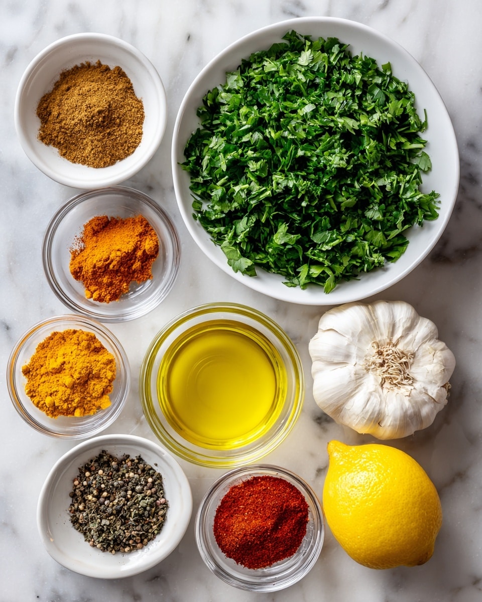 The image shows nine ingredients each in separate containers arranged on a white marbled surface. There is one large white bowl filled with chopped dark green cilantro leaves near the top right. Below it, another large white bowl contains finely chopped brighter green parsley. To the right of the parsley bowl is a small clear glass bowl with pale yellow olive oil. Below that is a whole white garlic bulb next to half a bright yellow lemon. Around these are small clear bowls holding spices: brown cumin powder at the top left, bright yellow turmeric below it, orange cayenne pepper next to turmeric, rusty red smoked paprika to the right of cayenne pepper, and greyish black pepper below cayenne. Each ingredient is labeled with simple black text. The photo taken with an iphone --ar 4:5 --v 7