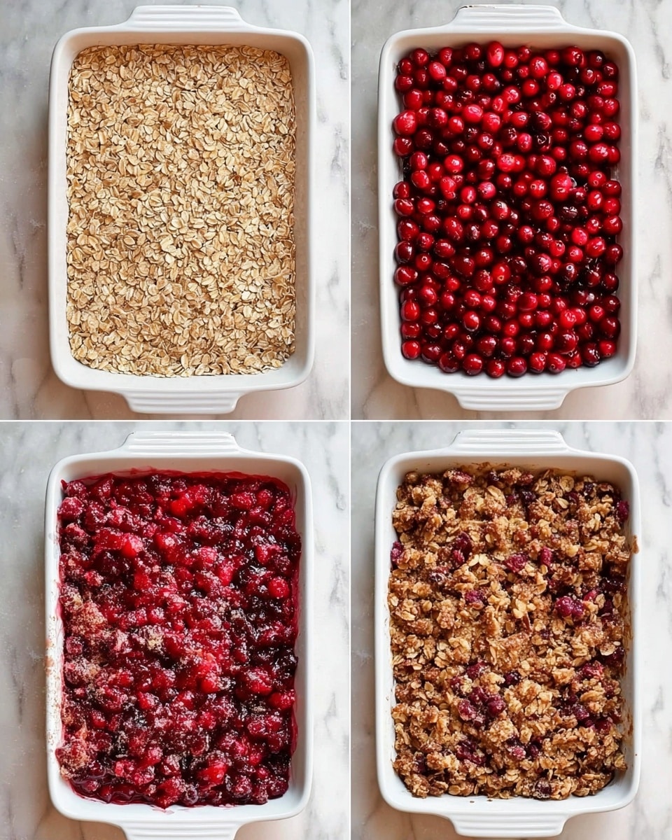 A white rectangular baking dish is shown in four stages on a white marbled surface. The first layer is a thick, even layer of light tan oats covering the bottom of the dish. The second layer consists of small, round red cranberries, fully spread over the oats in a single, bright red, shiny layer. The third layer shows a mix of the same red cranberries partially covered by a crumbly, light brown oat topping scattered unevenly over the berries. The final stage displays the dish after baking, where the oat topping is toasted to a darker brown with the cranberries softened and darker red, all mixed together in a textured, rustic look. photo taken with an iphone --ar 4:5 --v 7