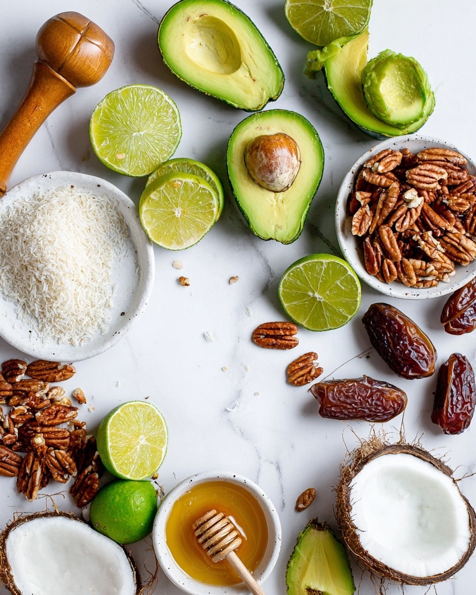 The image shows fresh ingredients spread on a white marbled surface. There are several avocados, some cut in half showing their green flesh and brown seeds, mixed with many lime wedges and halves displaying their bright green inner texture. A wooden citrus reamer is placed near two squeezed lime halves. A round white plate holds a pile of pecans with more pecans scattered around it. A metal measuring cup full of shredded white coconut sits near a cracked coconut with white flesh and brown shell pieces. Dates and chunks of coconut meat are spread across the scene. A small white speckled bowl holds golden honey with a wooden honey dipper resting inside it. The arrangement is clean and bright, focusing on the natural colors and textures of the ingredients photo taken with an iphone --ar 4:5 --v 7