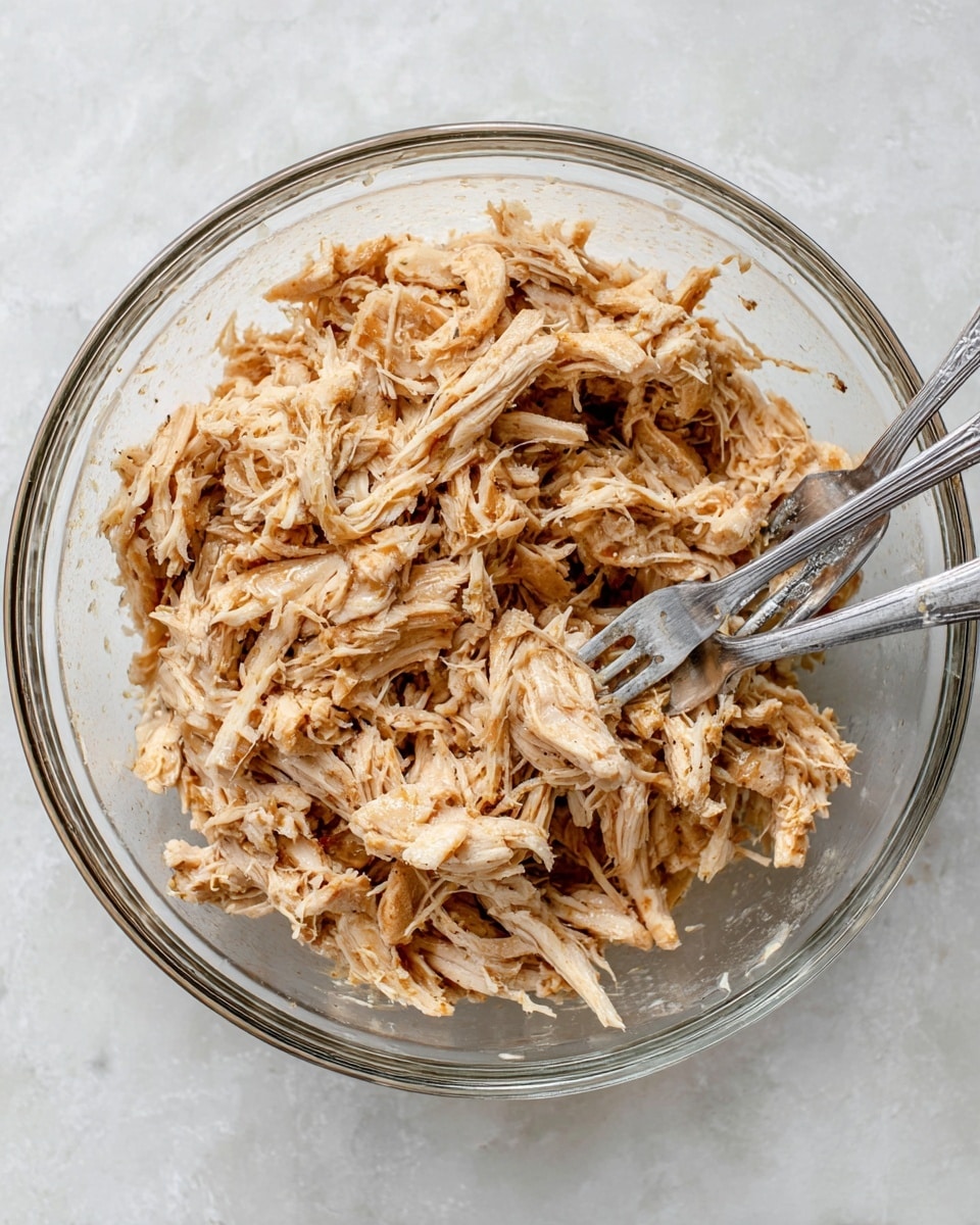 A clear glass bowl sits on a white marbled surface, filled with light brown shredded chicken pieces that have a slightly moist texture. Two silver forks are placed inside the bowl, partially buried in the chicken, showing the strands being pulled apart. The chicken pieces vary in size and are layered loosely, with some darker brown spots giving depth and texture to the mix. The overall look is simple and rustic, focusing on the shredded meat inside the clear bowl photo taken with an iphone --ar 4:5 --v 7