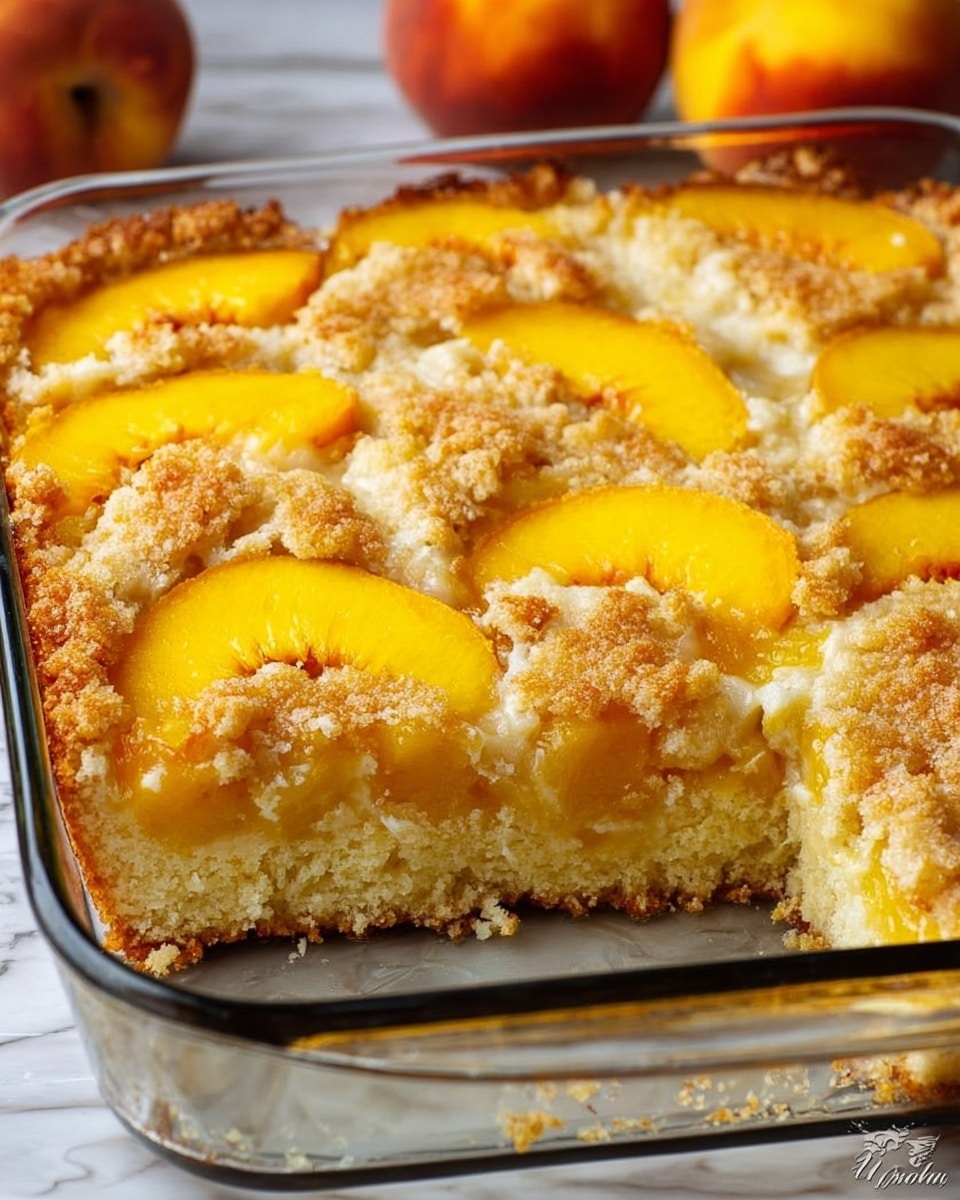 This image shows a glass baking dish filled with a peach cobbler. The cobbler has a golden-brown crust layer on the bottom that looks soft and a bit crumbly, topping several slices of bright yellow and orange peach pieces spread evenly across the dish. The peach slices peek through a light, creamy topping layer that has a slightly rough texture. One piece is missing from the corner, showing the cobbler's inside, which is moist and fluffy. The dish is placed on a white marbled surface, and there are a few whole peaches blurred in the background. photo taken with an iphone --ar 4:5 --v 7