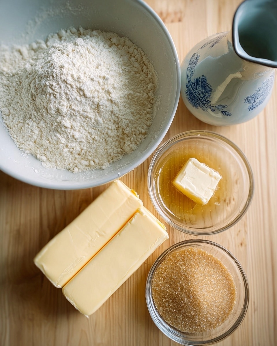 The image shows baking ingredients on a light wooden surface. On the left, there is a large white ceramic bowl filled with flour. Near the center, two bars of pale yellow butter lie side by side. Slightly above them, a small clear glass bowl contains a cube of light yellowish liquid, with one partially melted ice cube floating inside. To the right, another small clear glass bowl holds granulated light brown sugar. A tall, narrow, vintage-style stoneware jug with a blue design sits at the top right corner. The setting has a simple, clean look with natural light. photo taken with an iphone --ar 4:5 --v 7