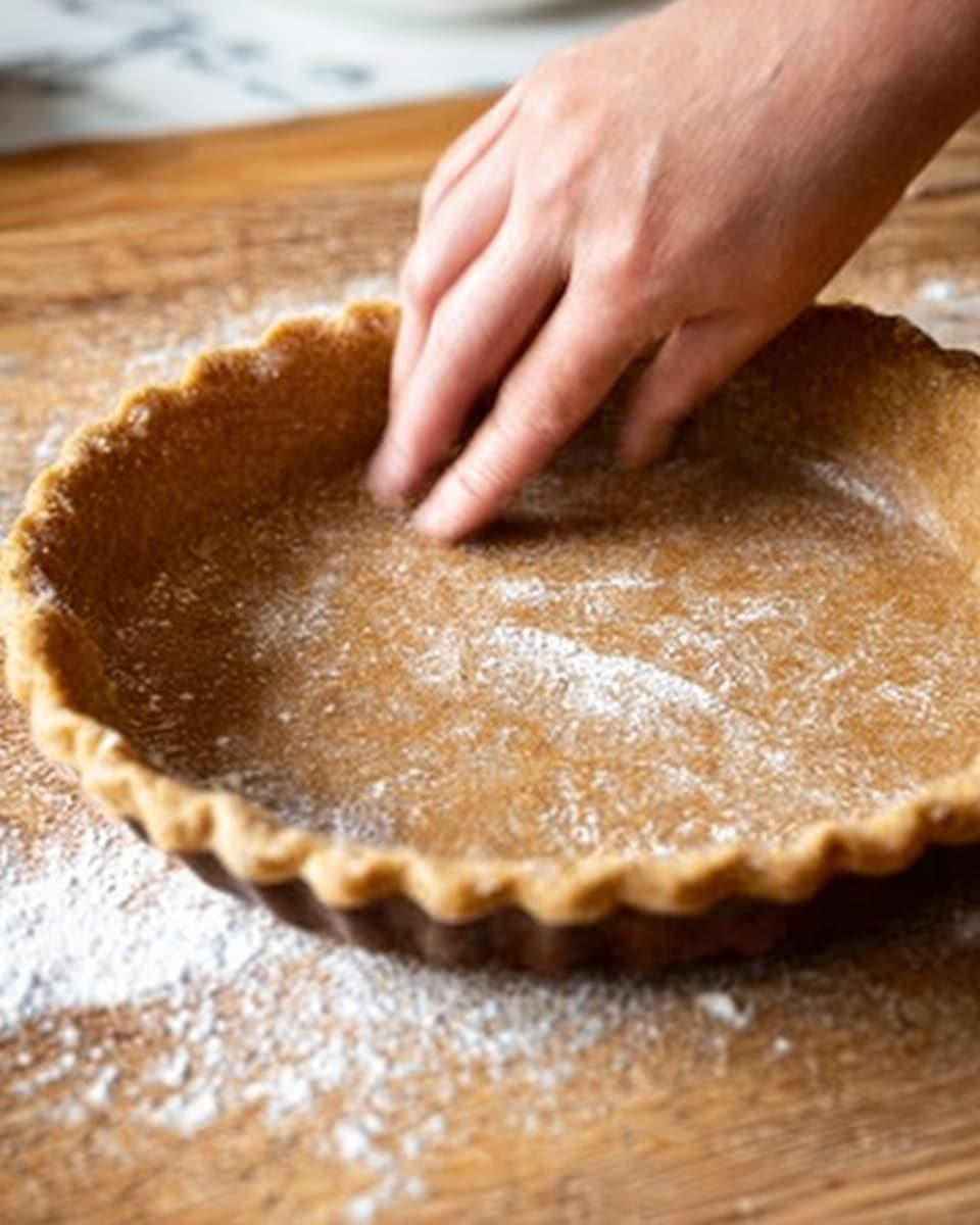 A close-up image shows a woman's hand pressing down a smooth, brown dough inside a round pie crust on a wooden surface sprinkled with flour. The dough appears soft and slightly thick, forming a perfect base with raised edges. The background surface is a white marbled texture. Photo taken with an iphone --ar 4:5 --v 7
