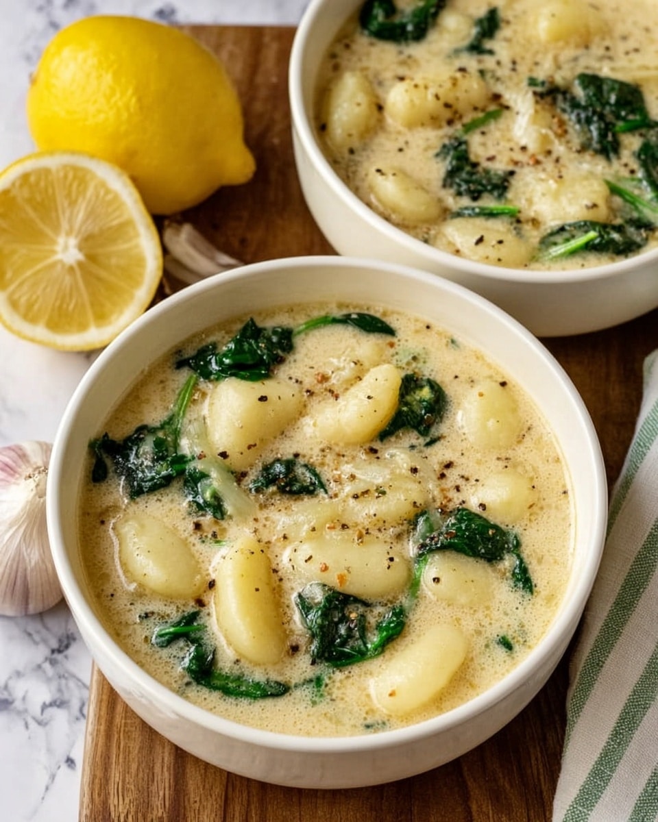 The image shows two white bowls filled with a creamy soup that has a light yellow color. Inside the soup, there are soft gnocchi pieces that look smooth and pale yellow, along with wilted dark green spinach scattered throughout. The soup is slightly thick and speckled with black pepper. One bowl is closer to the front, and the other is partially shown near the top right. On the left side, there is a halved lemon with a bright yellow inside, a bulb of garlic, and a white and green striped cloth on a wooden surface. The background is changed to a white marbled texture. Photo taken with an iphone --ar 4:5 --v 7