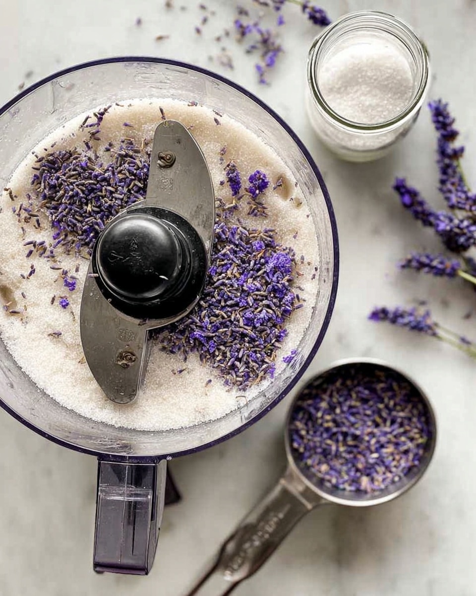The image shows a clear food processor bowl filled with white sugar and scattered purple lavender petals on top. The metal blade inside the bowl rests slightly above the sugar, with a black plastic knob in the center. Around the food processor, on a white marbled surface, are a small glass jar filled with white sugar, a metal measuring cup containing purple lavender buds, and some loose lavender flowers spread out nearby. photo taken with an iphone --ar 4:5 --v 7