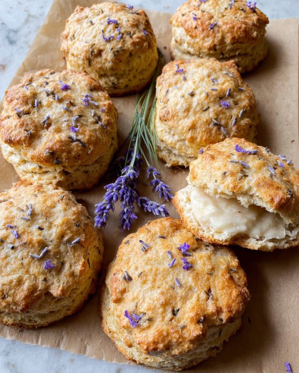 A close-up view of seven round golden-brown scones on light brown parchment paper, each scone showing a rough, crumbly texture with small purple lavender petals baked into and sprinkled on top. One scone is split open to show a soft, airy inside with light cream color. A small sprig of fresh lavender with purple flowers lies diagonally across the scones, adding a touch of color contrast. The surface beneath the parchment is a white marbled texture photo taken with an iphone --ar 4:5 --v 7