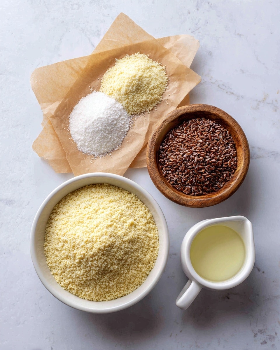 The image shows four ingredients on a white marbled surface. In the bottom left corner, there is a white bowl filled with light yellow millet flour, which has a fine, powdery texture. To the right of it, a small wooden bowl holds brown whole psyllium husks with a coarse and flaky texture. Above the millet flour, a piece of light brown parchment paper is topped with three white powdery ingredients: baking soda, baking powder, and salt, loosely piled together. To the right of the parchment paper, a small white cup contains a pale yellow liquid labeled vinegar. The arrangement is simple and clean, with a soft natural light and a calm tone. photo taken with an iphone --ar 4:5 --v 7