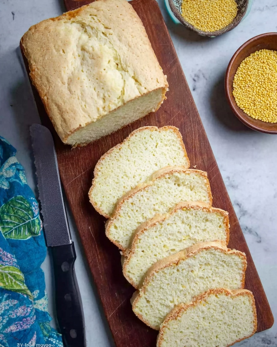 The image shows a wooden board placed on a white marbled surface. On the board, a loaf of bread is partially sliced with six even slices laid out in a row, showing a soft, light yellow inside texture with small air holes. The unsliced portion of the loaf is rectangular and has a slightly rough, pale yellow crust. To the left of the slices, there is a black-handled serrated knife resting on the board. On the upper right side of the image, there is a small bowl with yellow grains inside. Nearby, a folded blue cloth with a nature-themed pattern lies on the white marbled surface. Photo taken with an iphone --ar 4:5 --v 7
