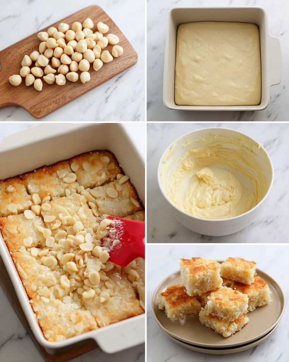 The image shows six steps of a macadamia nut dessert making process on a white marbled surface. The first part displays a small pile of smooth, light beige macadamia nuts on a wooden board. Next, there is a square white baking pan filled with a pale, smooth dough base pressed evenly inside. The third image features a white bowl with creamy, pale yellow batter inside. The fourth shows a white bowl with the batter mixed with macadamia nuts being stirred using a red spatula. Following that is the white baking pan filled with a thick layer of mixed batter and macadamia nut pieces, spread evenly over the base. The final picture reveals golden-brown square bars served on a beige plate, with some loose macadamia nuts beside them. Photo taken with an iphone --ar 4:5 --v 7