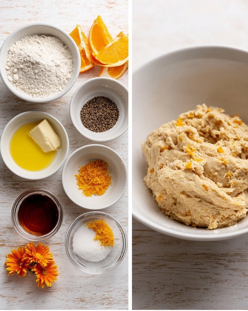The image shows two linked photos side by side on a white marbled surface with a bright, clean feel. On the left, multiple small white bowls and a clear bowl hold baking ingredients arranged neatly in rows: white flour, granulated sugar, melted butter with a smooth yellow color, brown sugar, black speckled pepper, and bright orange zest, alongside small orange flower petals and sliced orange pieces adding a fresh touch. On the right, a white bowl contains a thick, textured, light tan dough mixed with small orange zest pieces, with some dough stuck around the bowl edges suggesting active mixing. Photo taken with an iphone --ar 4:5 --v 7