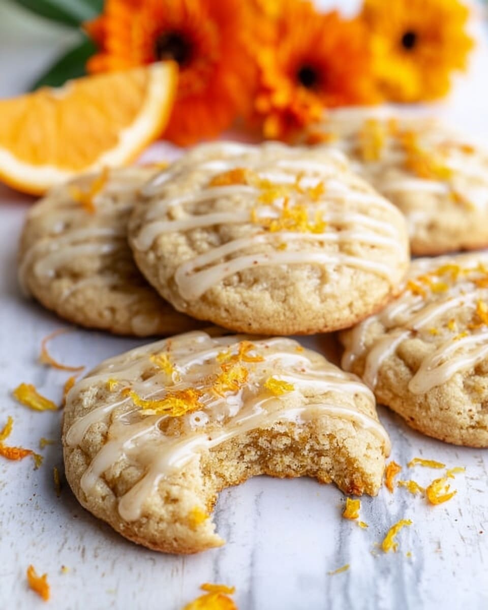 The image shows a group of soft, round cookies with a light golden color, arranged on a white marbled surface. Each cookie has thin white glaze lines drizzled on top and small pieces of orange zest scattered over them. One cookie at the front has a bite taken from it, revealing a soft inside texture. In the background, there are bright orange flowers and a few orange slices, adding warm, vibrant colors to the scene. The overall setting looks fresh and inviting. photo taken with an iphone --ar 4:5 --v 7