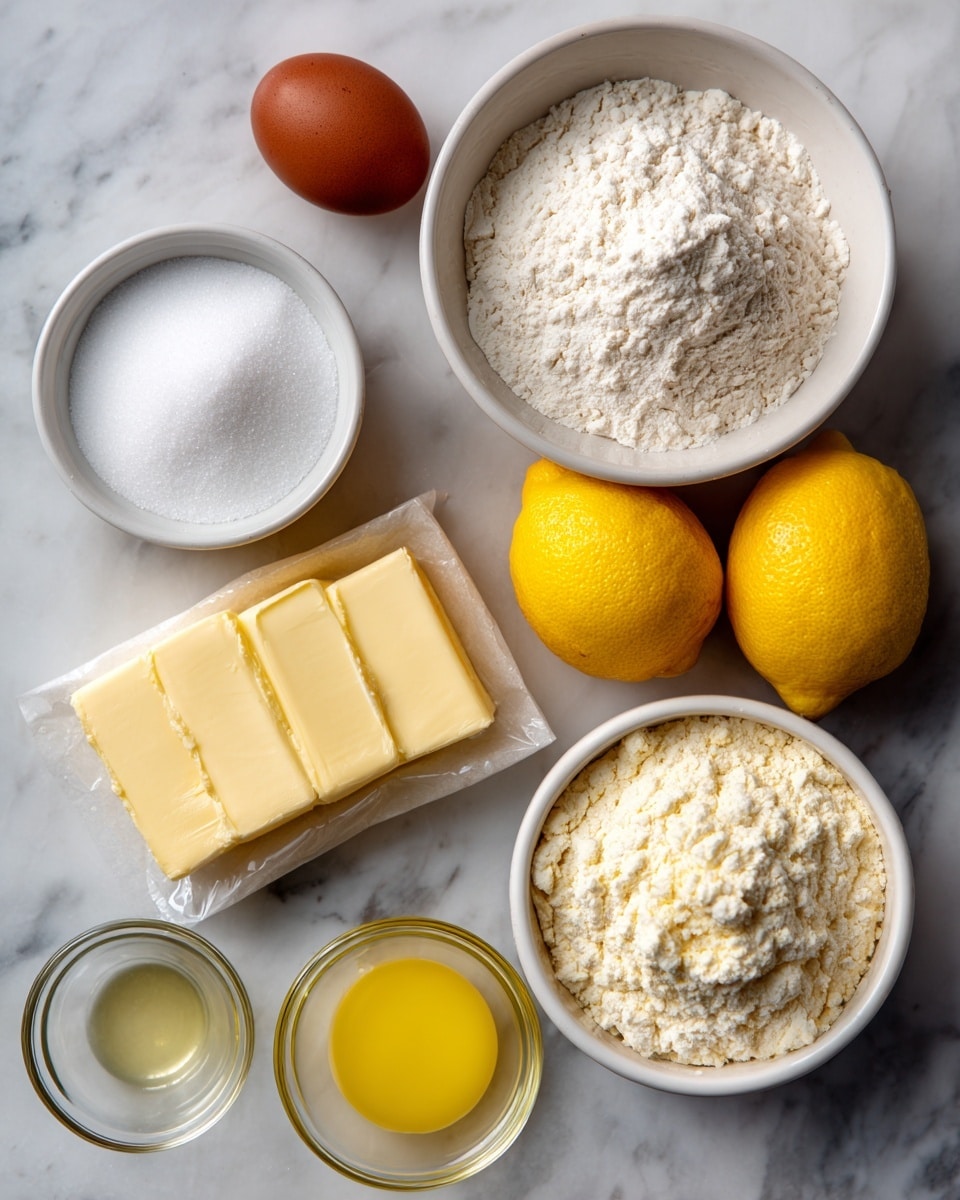 The image shows several ingredients arranged neatly on a white marbled surface. At the top right, a white bowl filled with off-white all-purpose flour, baking powder, and salt takes up space. Below it and slightly left is a smaller white bowl filled with bright white granulated sugar. Two bright yellow lemons stand side by side near the center. Next to the lemons, a small white bowl holds a single brown egg. Two rectangular pieces of pale yellow unsalted butter rest on their clear wrapper near the bottom left. At the bottom, there are two small clear bowls, one with yellow lemon juice and the other empty or holding lemon extract. The layout is clean and simple with clear labels in white text above or beside each ingredient photo taken with an iphone --ar 4:5 --v 7
